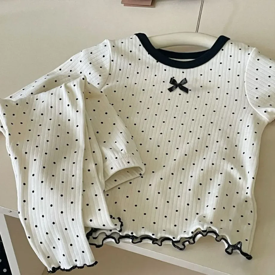 Korean Girls' Loungewear Set - Dot Bow Pajamas & Soft Cotton Homewear | Fall Toddler Outfit Toddler Girl Clothes