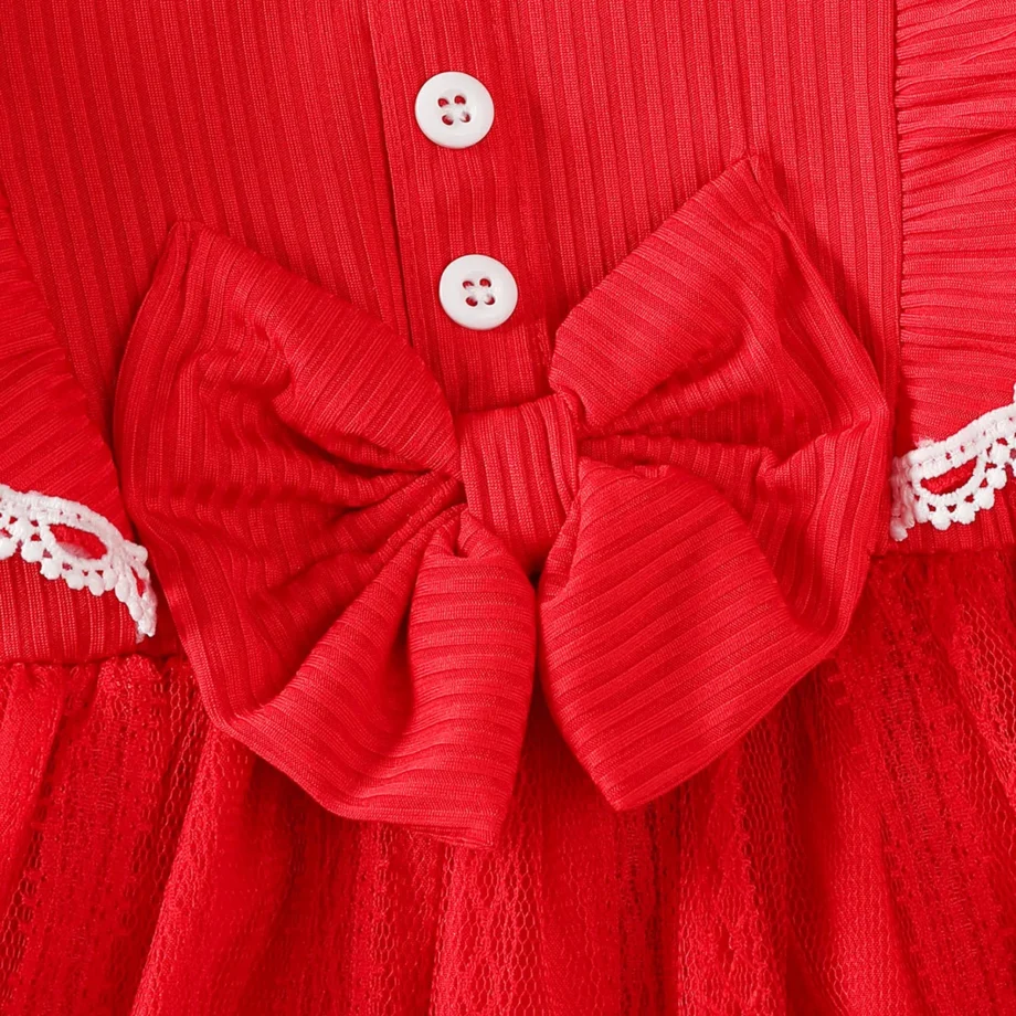 Baby Girl Festival Party Dress Red Ruffle Mesh Long Sleeve Dress+Bow suitable 0-24 Months Baby Girl New Year Dress