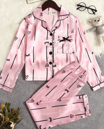 Children'S Pajamas Set Outfit Silk Casual Wear Family Matching Satin Pajamas Long Sleeve Girls' Home Wear 2pcs Home Clothes Suit