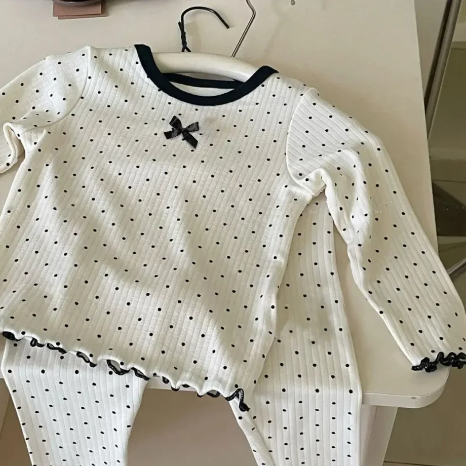 Korean Girls' Loungewear Set - Dot Bow Pajamas & Soft Cotton Homewear | Fall Toddler Outfit Toddler Girl Clothes