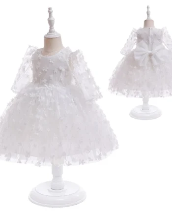 Baby Elegant Dress Girls Butterfly White Dress Kids Baptism Wedding Gown for Celebration Baby First Birthday Party Ball Dress