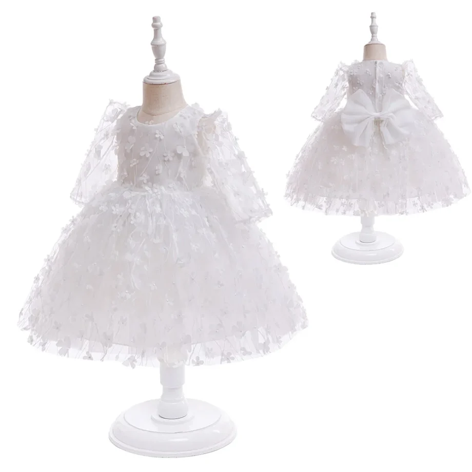Baby Elegant Dress Girls Butterfly White Dress Kids Baptism Wedding Gown for Celebration Baby First Birthday Party Ball Dress