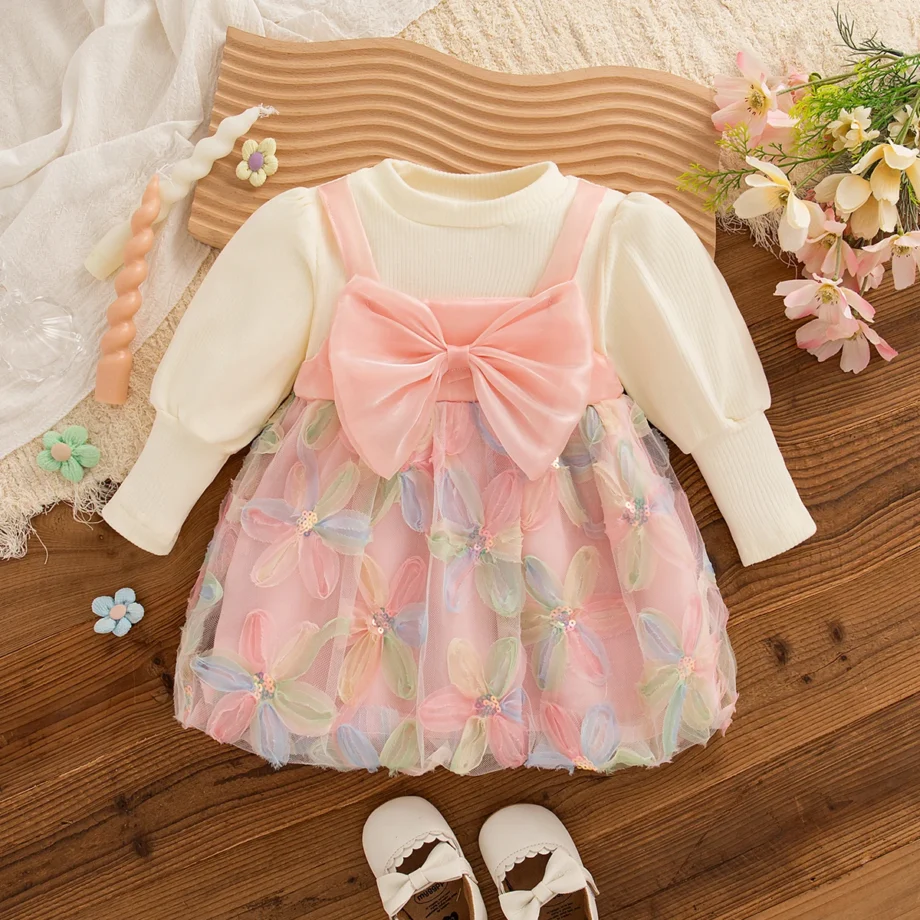 Baby Girl Dress Spring And Autumn Cotton Long Sleeved Bow Flower Mesh Baby Dresses Cute And Casual Girls' Clothing