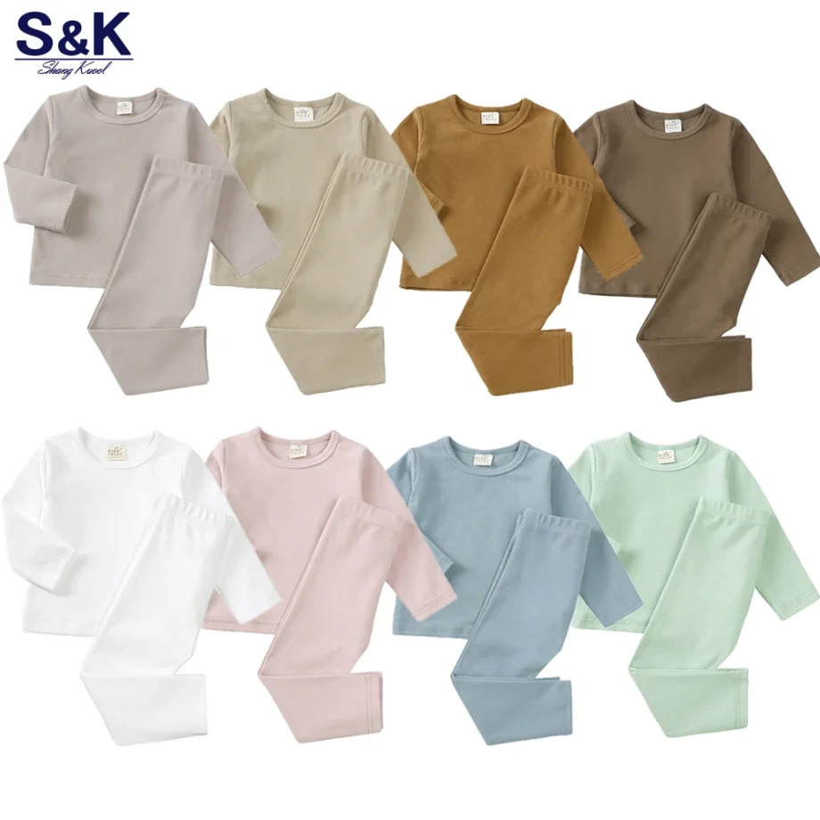 2025 Toddler Kids Pajamas Clothes Set Hight Elasticity Breathable Sleepwear Set For 9M-9T Boy Girl Solid Soft Loungewear
