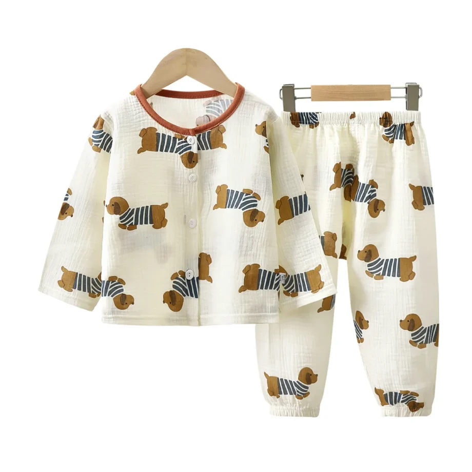 Girls Summer Cotton Gauze Thin Pajamas Home Wear Cartoon Floral Print Long Sleeve Lace Trimmed Sleepwear Baby Clothing Set