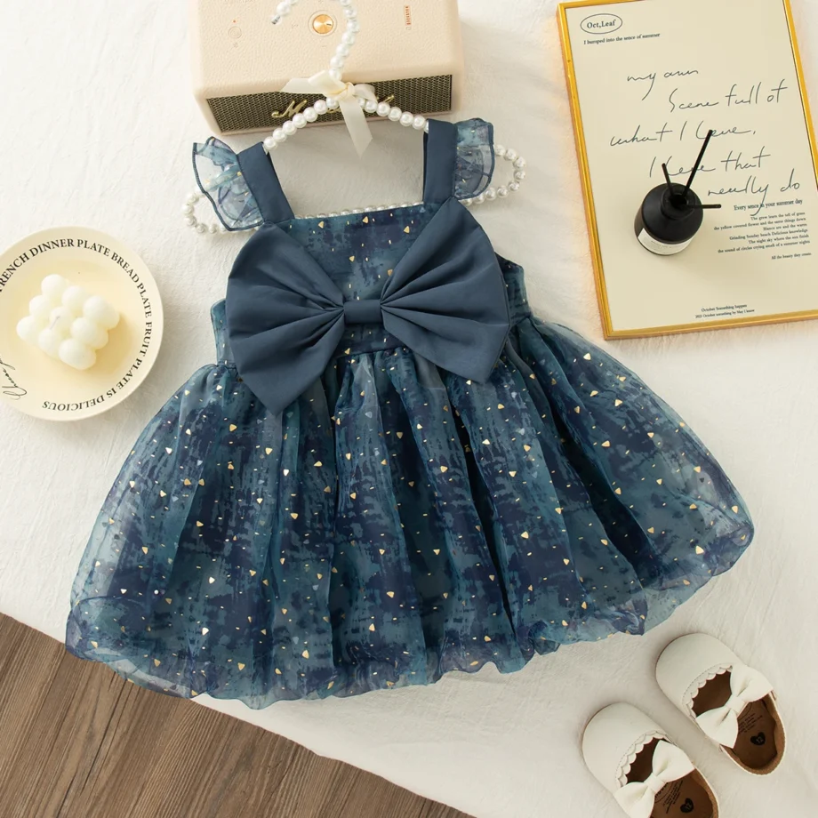 Summer Toddler Girl Princess Dress Pink Bow Sequin Suspender Gauze Dress Elegant Girl Wedding Party Costume