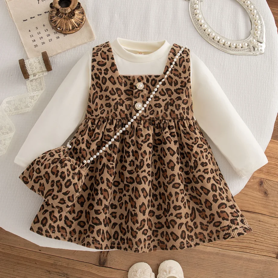 Leopard Print Knit Dress for Baby Girls Long Sleeve Korean Style 2025 New Autumn Toddler Gown send Bag