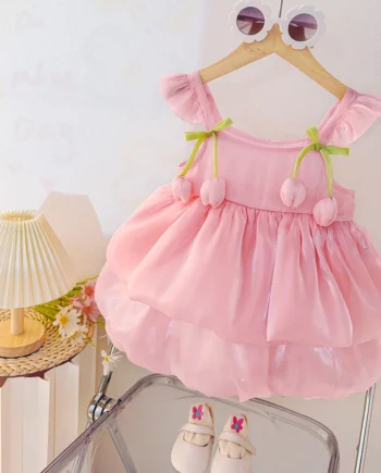 Summer Baby Girl Clothing Sweet Flower Pink Cake Dress Birthday Party Dress for Girls 0-2 Years