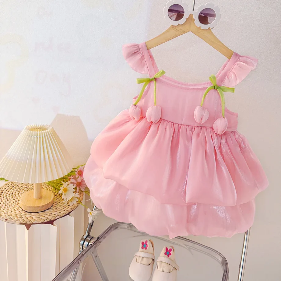 Summer Baby Girl Clothing Sweet Flower Pink Cake Dress Birthday Party Dress for Girls 0-2 Years