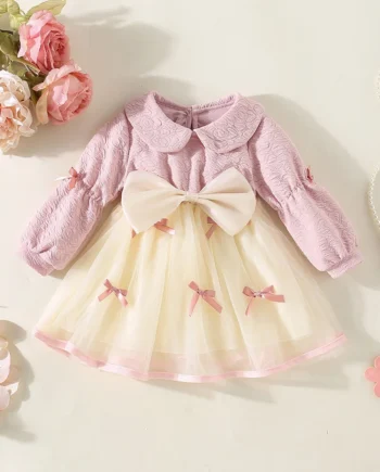 Baby Girl Dress Spring/Autumn Cotton Bow Collar Bubble Sleeves Mesh Girl Dress Cute And Casual Beach Princess Dress Baby Clothes