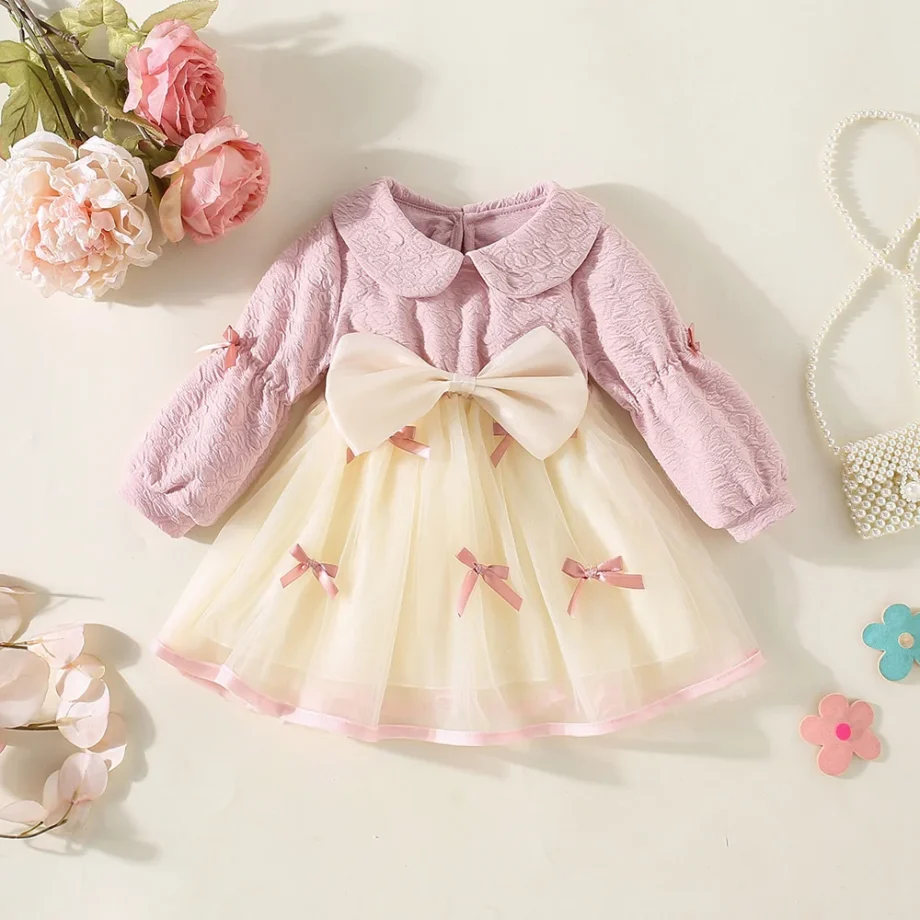 Baby Girl Dress Spring/Autumn Cotton Bow Collar Bubble Sleeves Mesh Girl Dress Cute And Casual Beach Princess Dress Baby Clothes