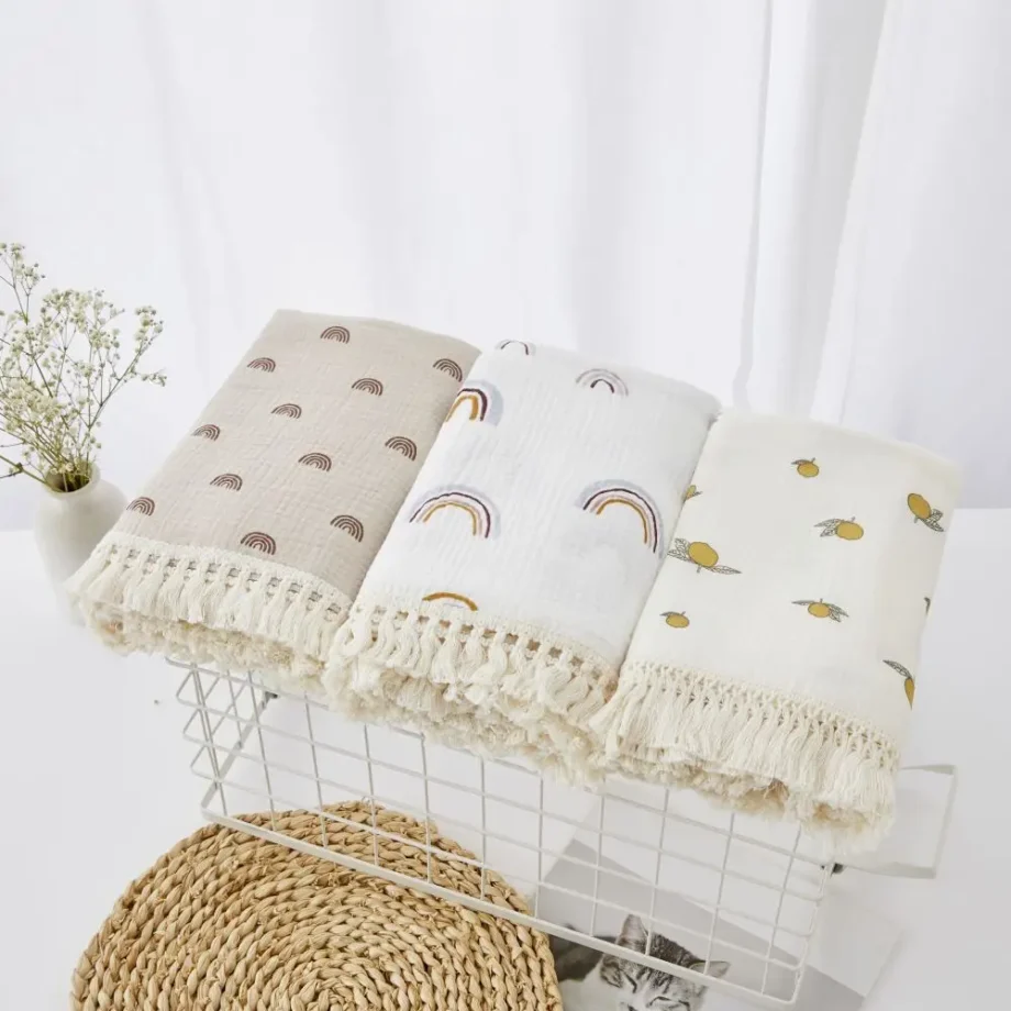 Cotton Muslin Swaddle Blankets for Newborn Baby Tassel Receiving Blanket New Born Swaddle Wrap Infant Sleeping Quilt Bed Cover