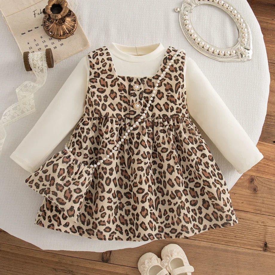 Leopard Print Knit Dress for Baby Girls Long Sleeve Korean Style 2025 New Autumn Toddler Gown send Bag