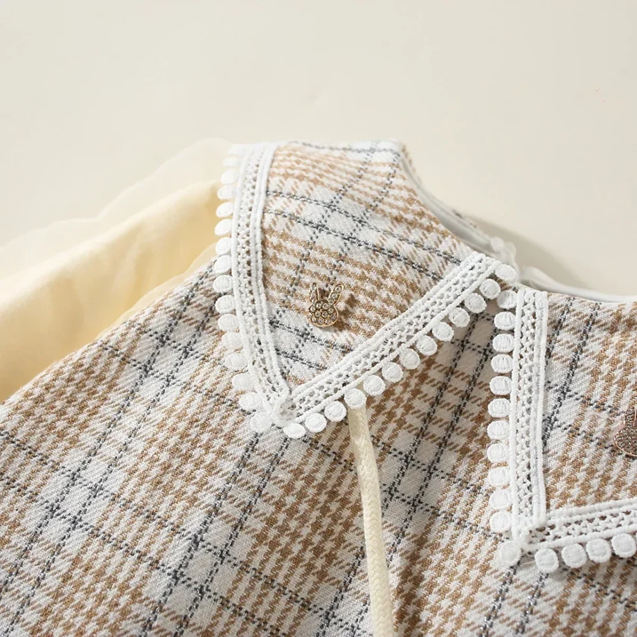 New Winter Baby Girls Dress Bubble Sleeve Lapel Plaid Pattern Fake Two + Diagonal Treasure Flower Sweet Princess Dress