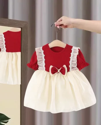 Baby Girl Dress Summer Cotton Knitted Bow Ruffled Bubble Sleeve Baby Dresses Sweet Casual Beach Princess Style Baby Girl Clothes