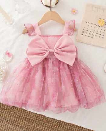 Summer Toddler Girl Princess Dress Pink Bow Sequin Suspender Gauze Dress Elegant Girl Wedding Party Costume
