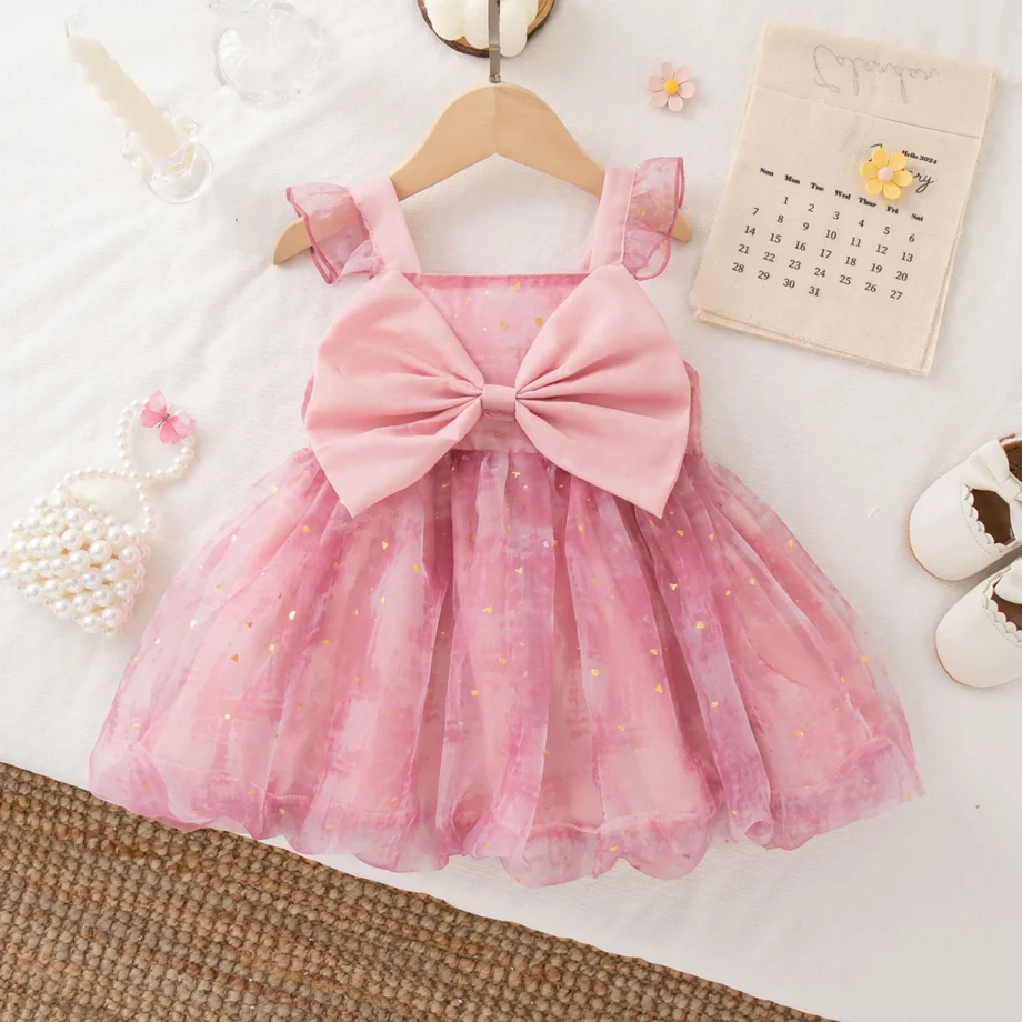 Summer Toddler Girl Princess Dress Pink Bow Sequin Suspender Gauze Dress Elegant Girl Wedding Party Costume