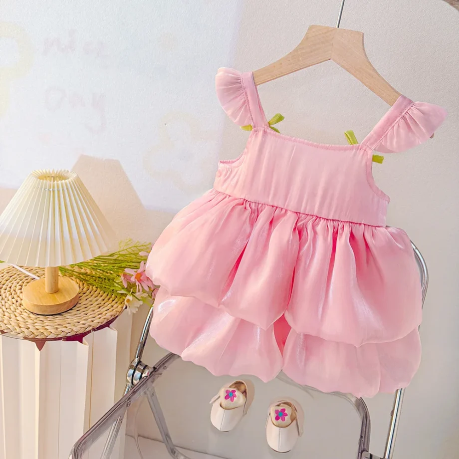 Summer Baby Girl Clothing Sweet Flower Pink Cake Dress Birthday Party Dress for Girls 0-2 Years