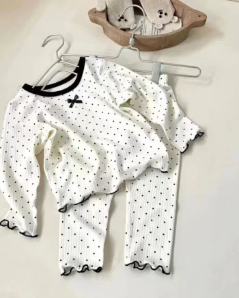 Korean Girls' Loungewear Set - Dot Bow Pajamas & Soft Cotton Homewear | Fall Toddler Outfit Toddler Girl Clothes