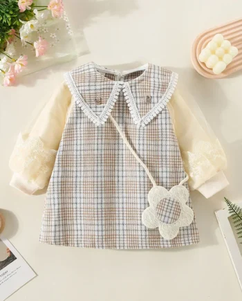 New Winter Baby Girls Dress Bubble Sleeve Lapel Plaid Pattern Fake Two + Diagonal Treasure Flower Sweet Princess Dress