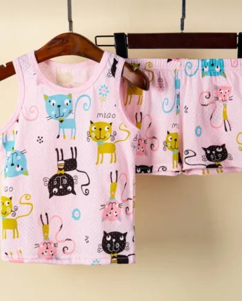 Cat Pajamas for Girls Children's Cotton Summer Clothes Sleeveless Kids 1 to 9 Years Loungewear Boys Dinosaur Car Print Sleepwear