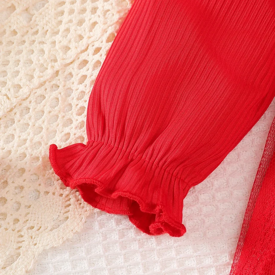 Baby Girl Festival Party Dress Red Ruffle Mesh Long Sleeve Dress+Bow suitable 0-24 Months Baby Girl New Year Dress