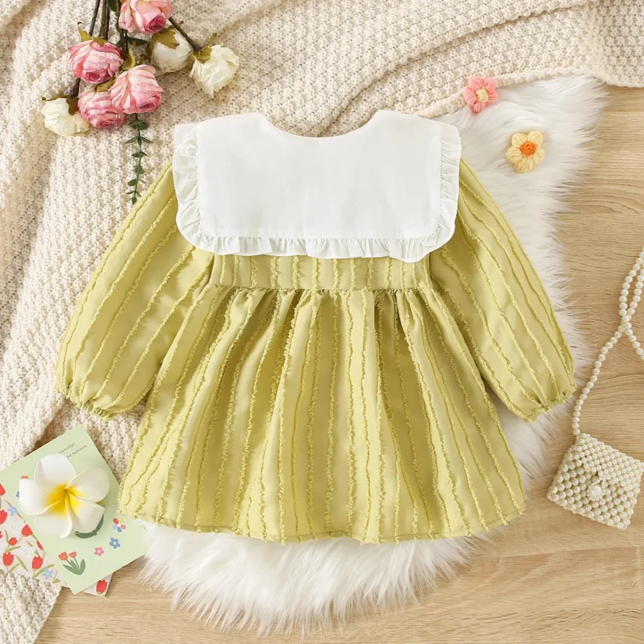 Children's Dress Autumn Korean Edition Girls' Sharp Neck Long Sleeve Skirt Baby Girl's Elegant Princess Skirt