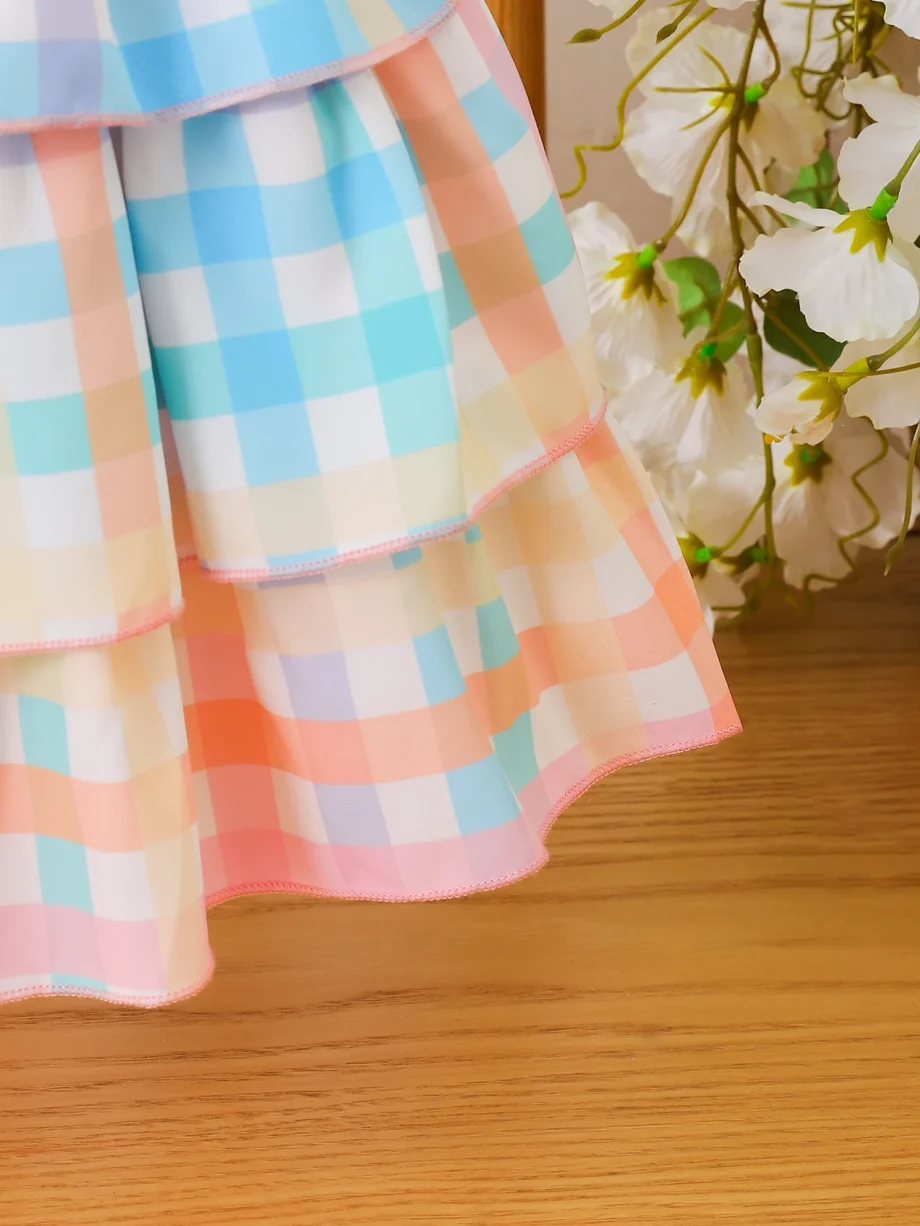 Girls Summer Butterfly Strap Plaid Cake Dress Baby Girls Clothing Checkered Skirt Dress Toddler Girls Outfit