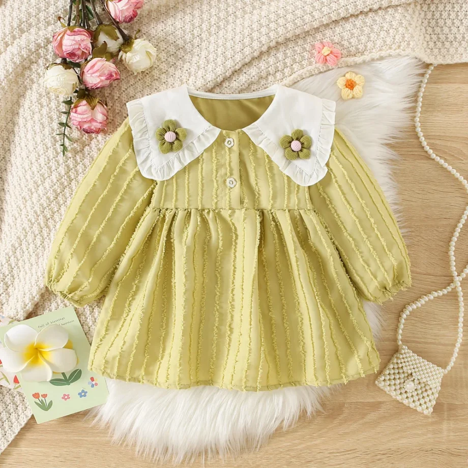 Children's Dress Autumn Korean Edition Girls' Sharp Neck Long Sleeve Skirt Baby Girl's Elegant Princess Skirt