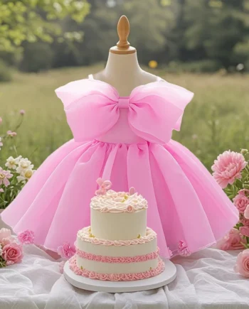 Baby girl pink sweet dress with big bow design young girl dress fashionable and textured girl's clothing suitable for parties