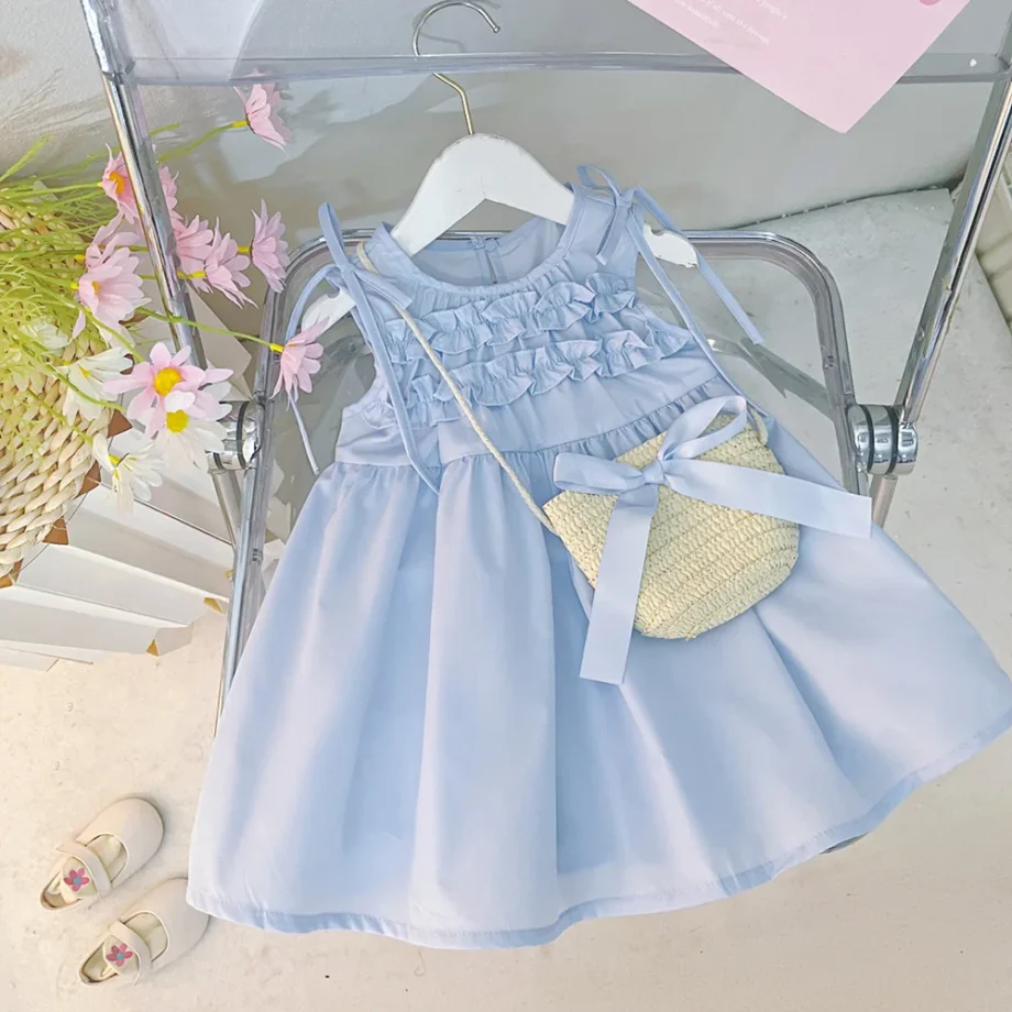 Baby Girl Dress Summer Blue Sleeveless Girl Beach Dress Cute Girl Birthday Party Dress with Bag