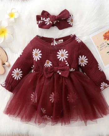 Baby girl Spring Autumn Princess Dress Daisy Print Chiffon Festival Party Dress and Headband for 0-18 Months Cute Baby girls