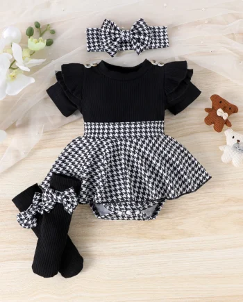 3PCS Summer new style girls 0-1 years old sweet and lovely short-sleeved houndstooth dress