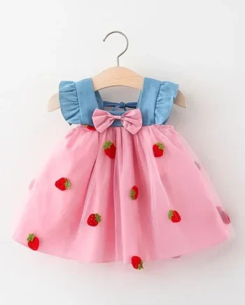 (0-3 Years) Summer New Girls Dress Small Flying Sleeve Bow A-child Dress Embroidered Strawberry Cool Princess Dress