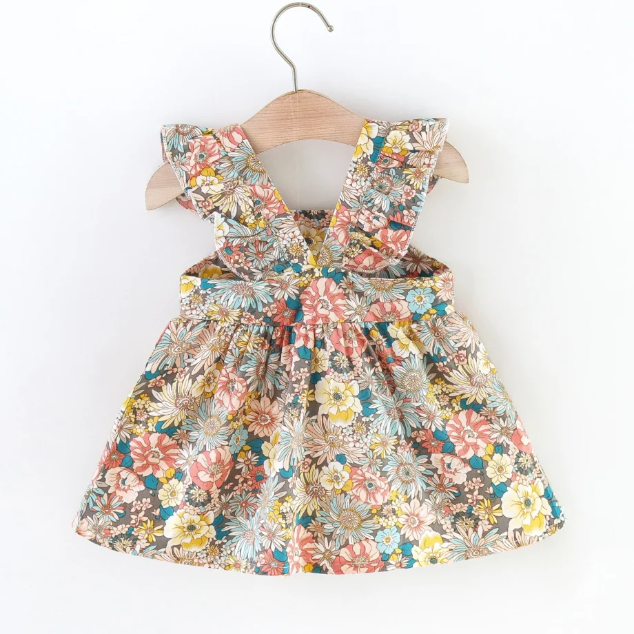 2 Pcs Summer New Baby Girl Dress Fashionable Floral Fly Sleeve Cotton Dress with Crossbody Bag Suitable for Babies Aged 0-3