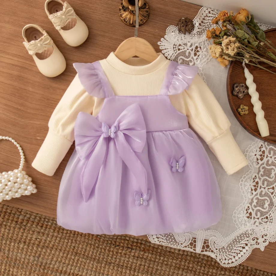 Baby Girl Dress Spring/Fall Bow-Tie Tulle Long-Sleeve Dress Adorable Princess Baby Dress