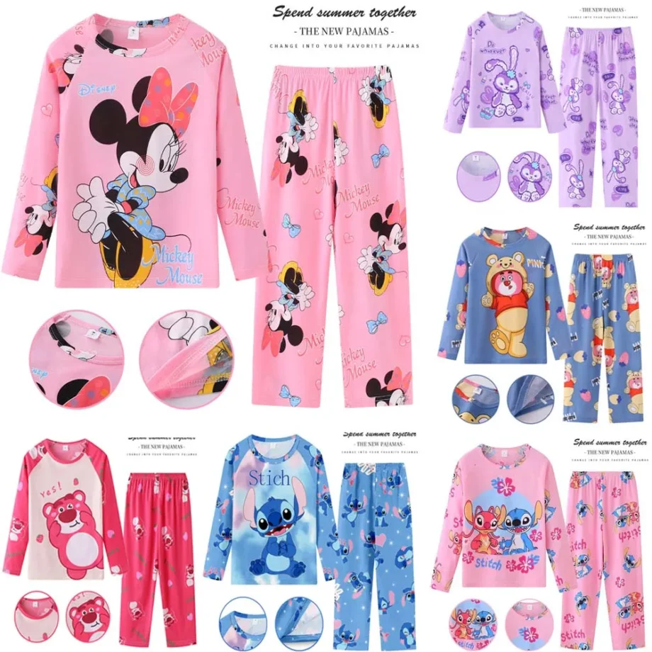 Minnie Stitch Kids Pajama Sets Long Sleeve Loungewear with Cute Animal Print Soft Sleepwear for Boys/Girls Cartoon Sleep Pants