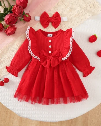 Baby Girl Festival Party Dress Red Ruffle Mesh Long Sleeve Dress+Bow suitable 0-24 Months Baby Girl New Year Dress