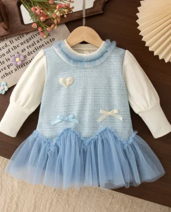 Baby Girl Fake Two Piece Tulle Princess Dress Autumn Long Sleeve Children's Dress Sweet Casual Party 1-3Y Baby Dress