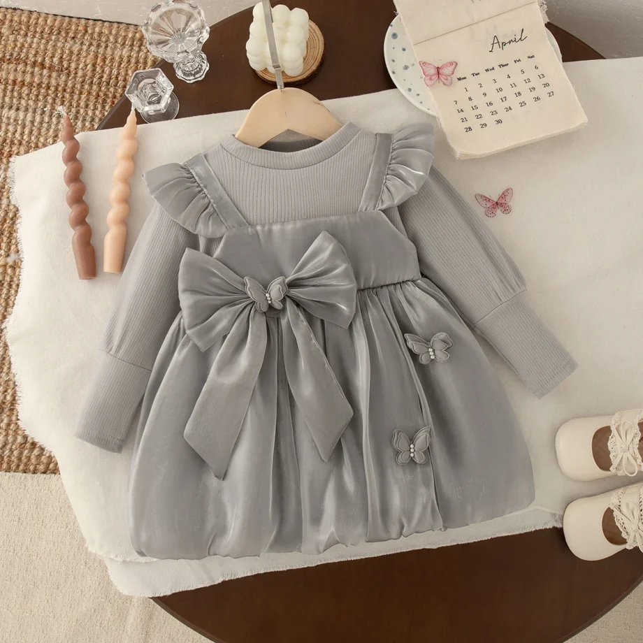 Baby Girl Dress Spring/Fall Bow-Tie Tulle Long-Sleeve Dress Adorable Princess Baby Dress