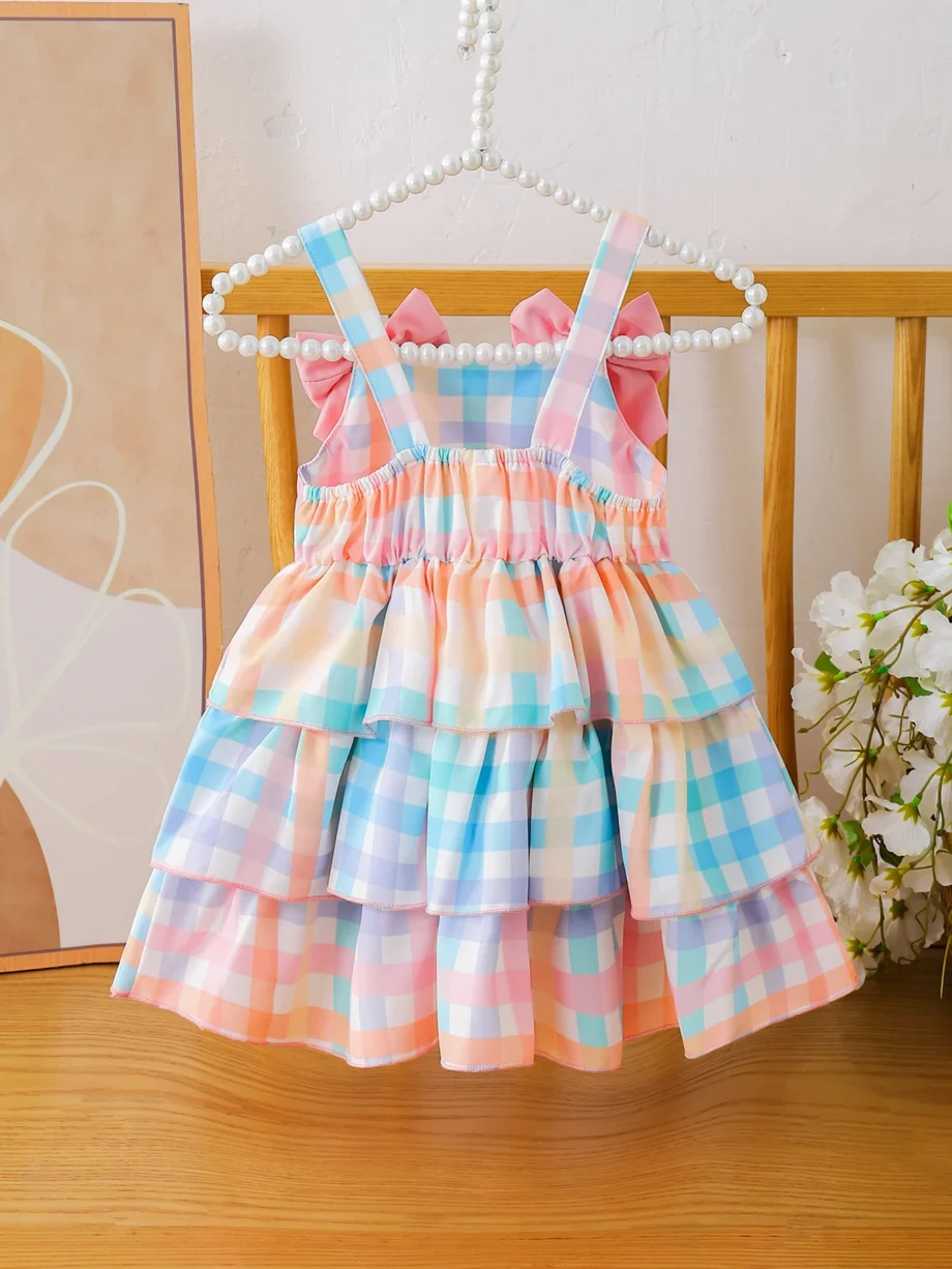 Girls Summer Butterfly Strap Plaid Cake Dress Baby Girls Clothing Checkered Skirt Dress Toddler Girls Outfit