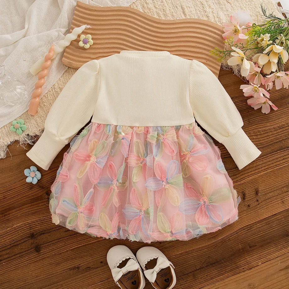 Baby Girl Dress Spring And Autumn Cotton Long Sleeved Bow Flower Mesh Baby Dresses Cute And Casual Girls' Clothing