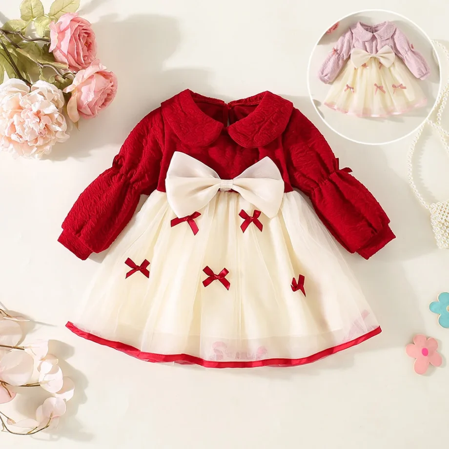 Baby Girl Dress Spring/Autumn Cotton Bow Collar Bubble Sleeves Mesh Girl Dress Cute And Casual Beach Princess Dress Baby Clothes