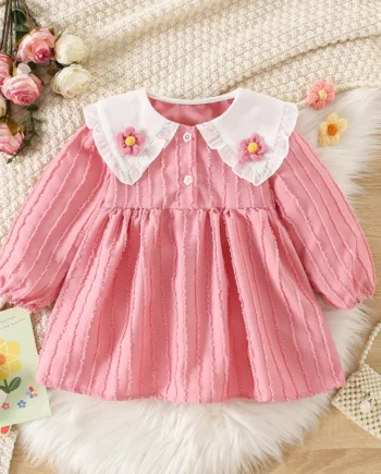Children's Dress Autumn Korean Edition Girls' Sharp Neck Long Sleeve Skirt Baby Girl's Elegant Princess Skirt