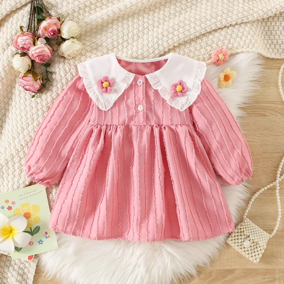 Children's Dress Autumn Korean Edition Girls' Sharp Neck Long Sleeve Skirt Baby Girl's Elegant Princess Skirt