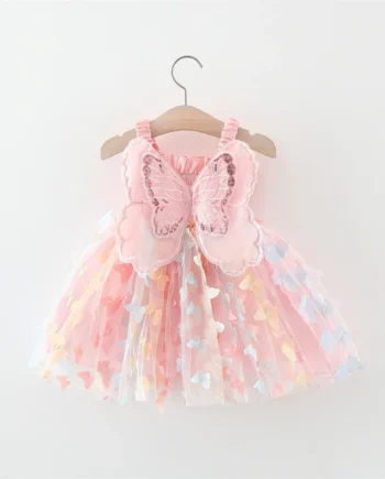 New Summer Baby Girl Dress Halter Butterfly Back Wings Fantasy Princess Dress Sweet Birthday Party Team Dress