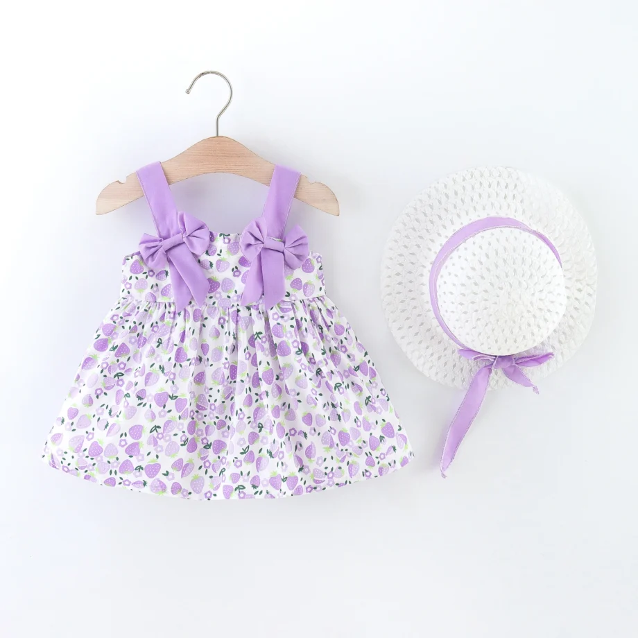 Summer New Girls' Dress Baby Girl Dress Korean Version Floral Dress Baby Stylish Cotton Dress Bow Tie Hat Included