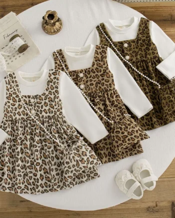 Leopard Print Knit Dress for Baby Girls Long Sleeve Korean Style 2025 New Autumn Toddler Gown send Bag