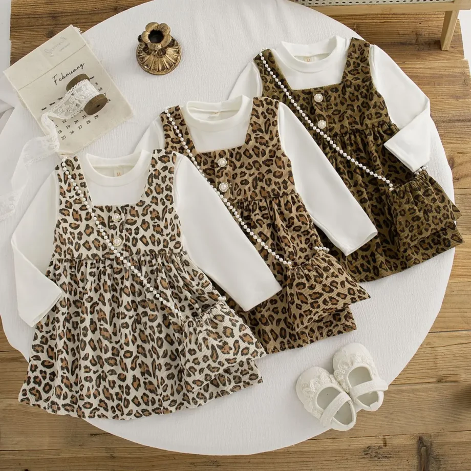 Leopard Print Knit Dress for Baby Girls Long Sleeve Korean Style 2025 New Autumn Toddler Gown send Bag