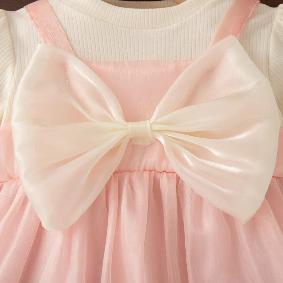 0-2 Years Baby Girl Pink Dress Autumn New Bow Knit Long Sleeve Girl Princess Dress Girl Wedding Party Dress